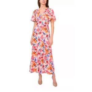 NWT MSK Flutter Sleeve V-Neck Multi Floral Print Chiffon Dress Womens Size Small